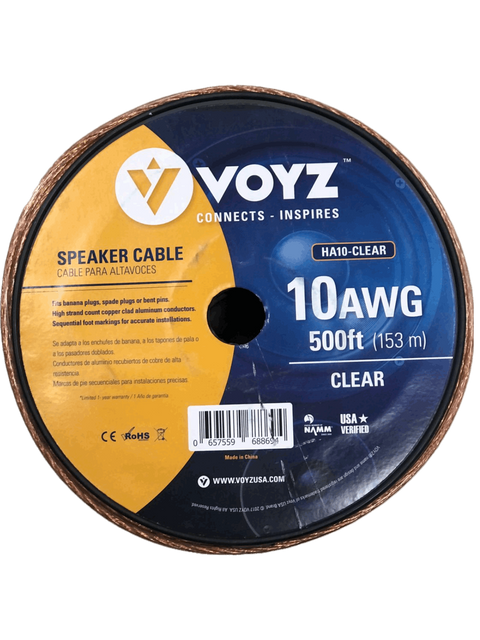 Bobina con 500 pies de cable de audio para altavoces 10AWG con chaqueta de PVC transparente libre de oxígeno – VOYZ HA10-CLEAR