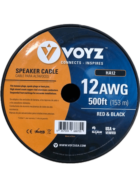 Bobina con 500 pies de cable de audio para altavoces 12AWG con chaqueta en color rojo/ negro – VOYZ HA12