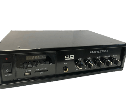 Amplificador portátil de 60W, 12VDC / 110VAC, control remoto – AD-60
