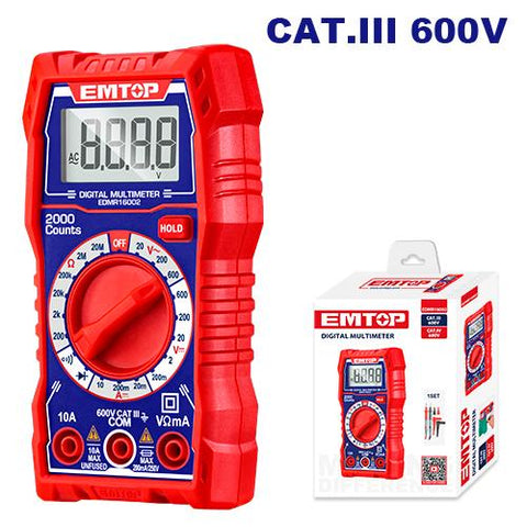 Multímetro digital CAT.III 600V, COMPACTO, pantalla LCD  – EMTOP EDMR16002