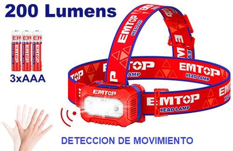 Lámpara frontal de 200 lumens, sensor por movimiento, protección IPX4 - EMTOP EFLG013AAA8