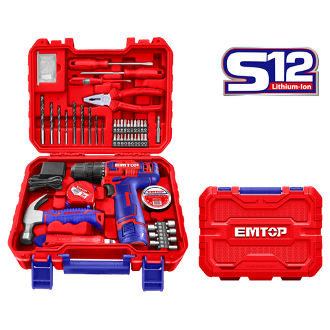 Kit de 88 piezas, con herramientas y Taladro inalámbrico 12V 1/32” - 3/8”, batería recargable y cargador - EMTOP ULEDK08801