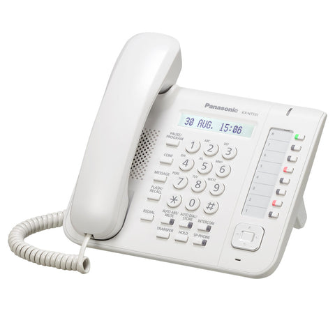 Teléfono Propietario IP Panasonic KX-NT551 blanco, con pantalla LCD, 2 puertos gigabit ethernet, PoE, 8 botones CO programables y altavoz