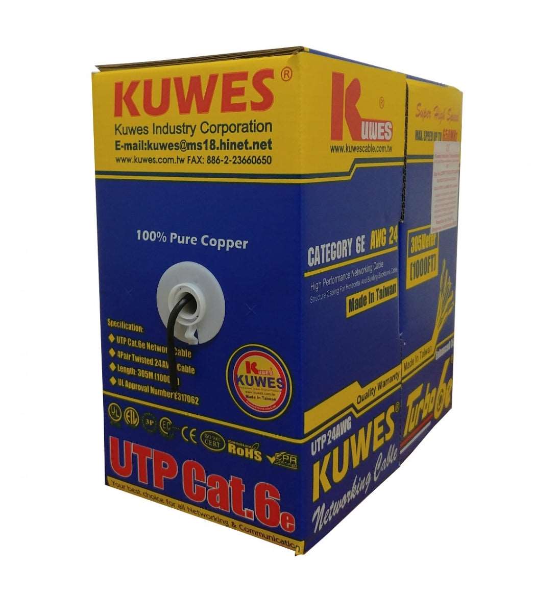 Caja de UTP CAT6 mejorado TURBO6e en color Azul, 100% cobre, 1000 pies, Poe+ - KUWES UTPCAT.6+BL