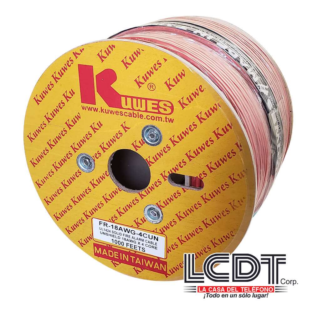Rollo de cable para incendio 4C 18AWG, cobre, 1000 pies - KUWES FR-18AWG-4CUN