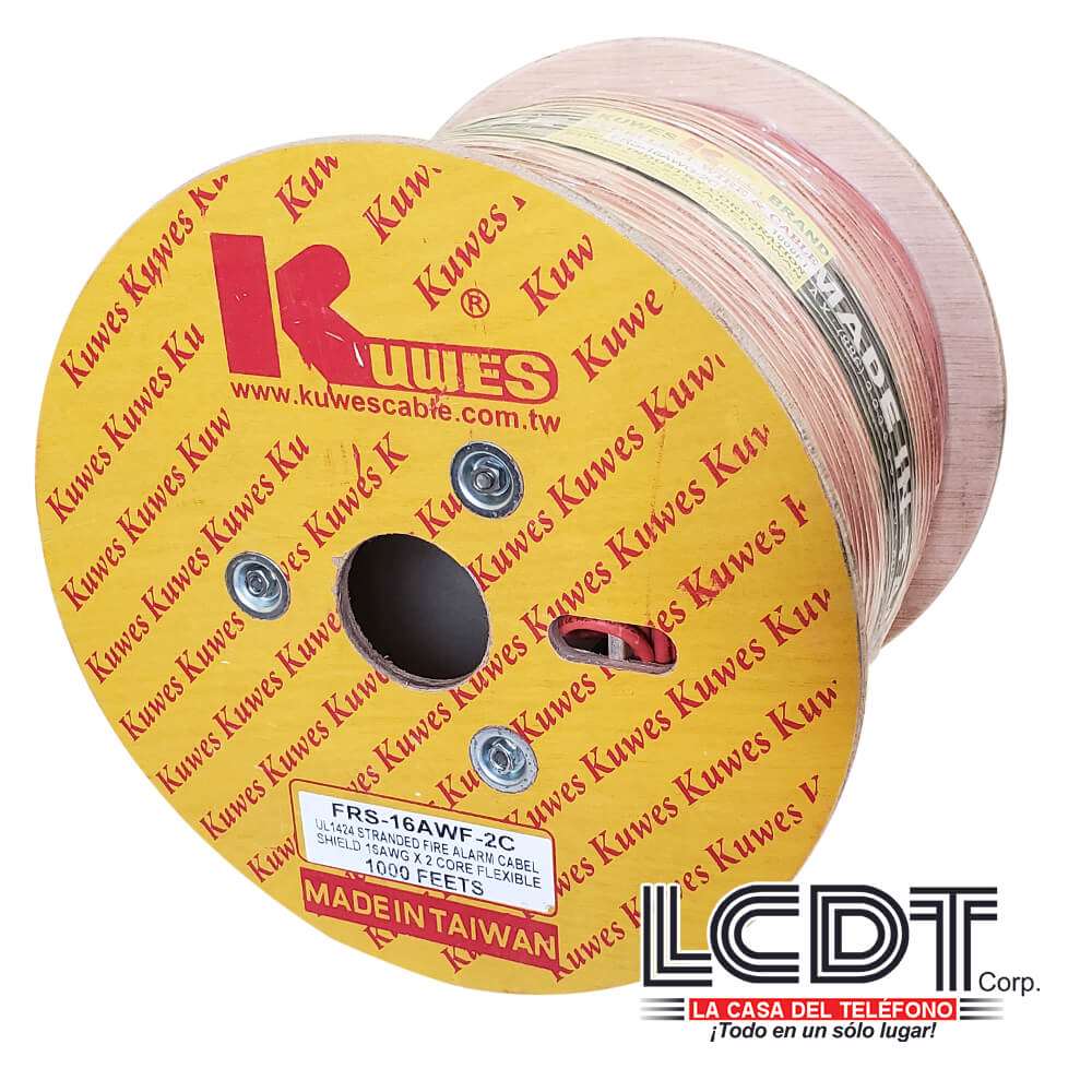 Rollo de cable blindado para incendio 2C 16AWG, hebrado, cobre, 1000 pies - KUWES FRS-16AWG-2C