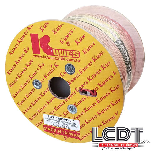 Rollo de cable blindado para incendio 2C 16AWG, hebrado, cobre, 1000 pies - KUWES FRS-16AWG-2C