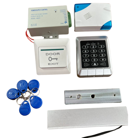KIT completo de acceso: Cerradura magnética, teclado, fuente de poder, campana, botón de salida y llaveros de proximidad