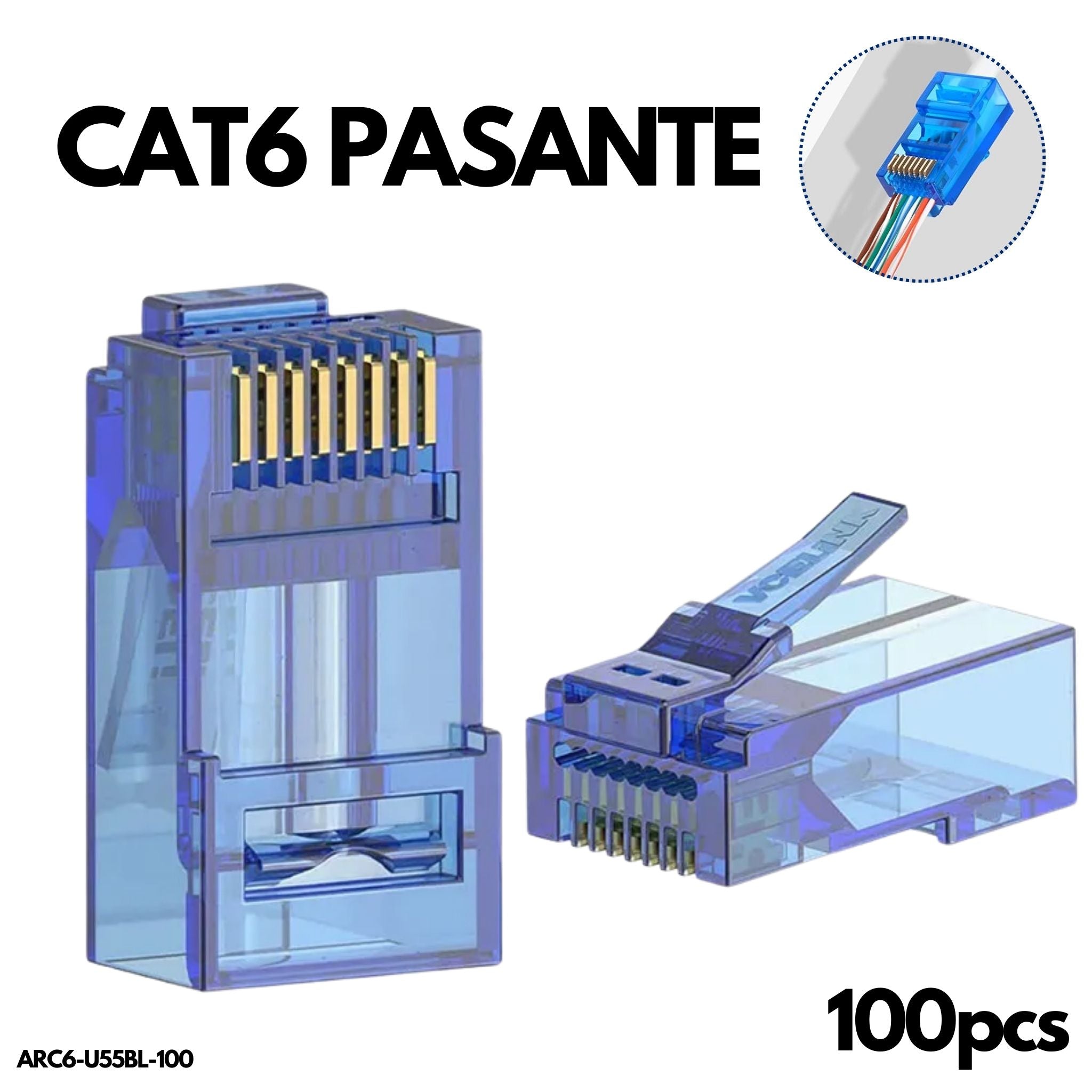 Bolsa de 100 Plugs RJ45 Cat6 Pasante, color azul