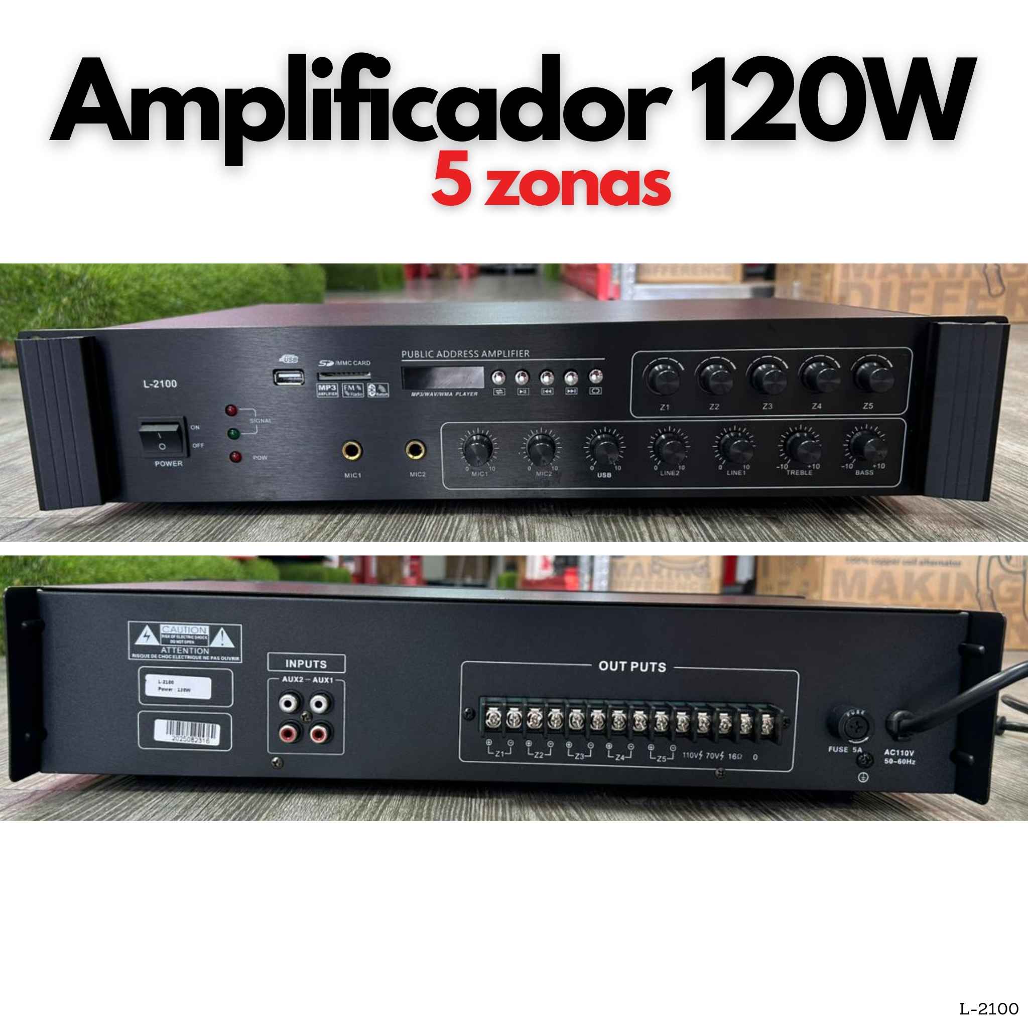 Amplificador PA 120W de 5 zonas con Bluetooth USB SD FM y salida 70V 100V para música de fondo y voceo en Panamá