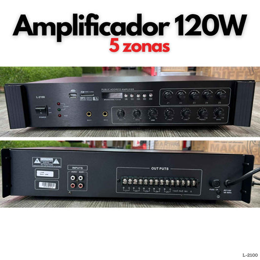 Amplificador PA 120W de 5 zonas con Bluetooth USB SD FM y salida 70V 100V para música de fondo y voceo en Panamá