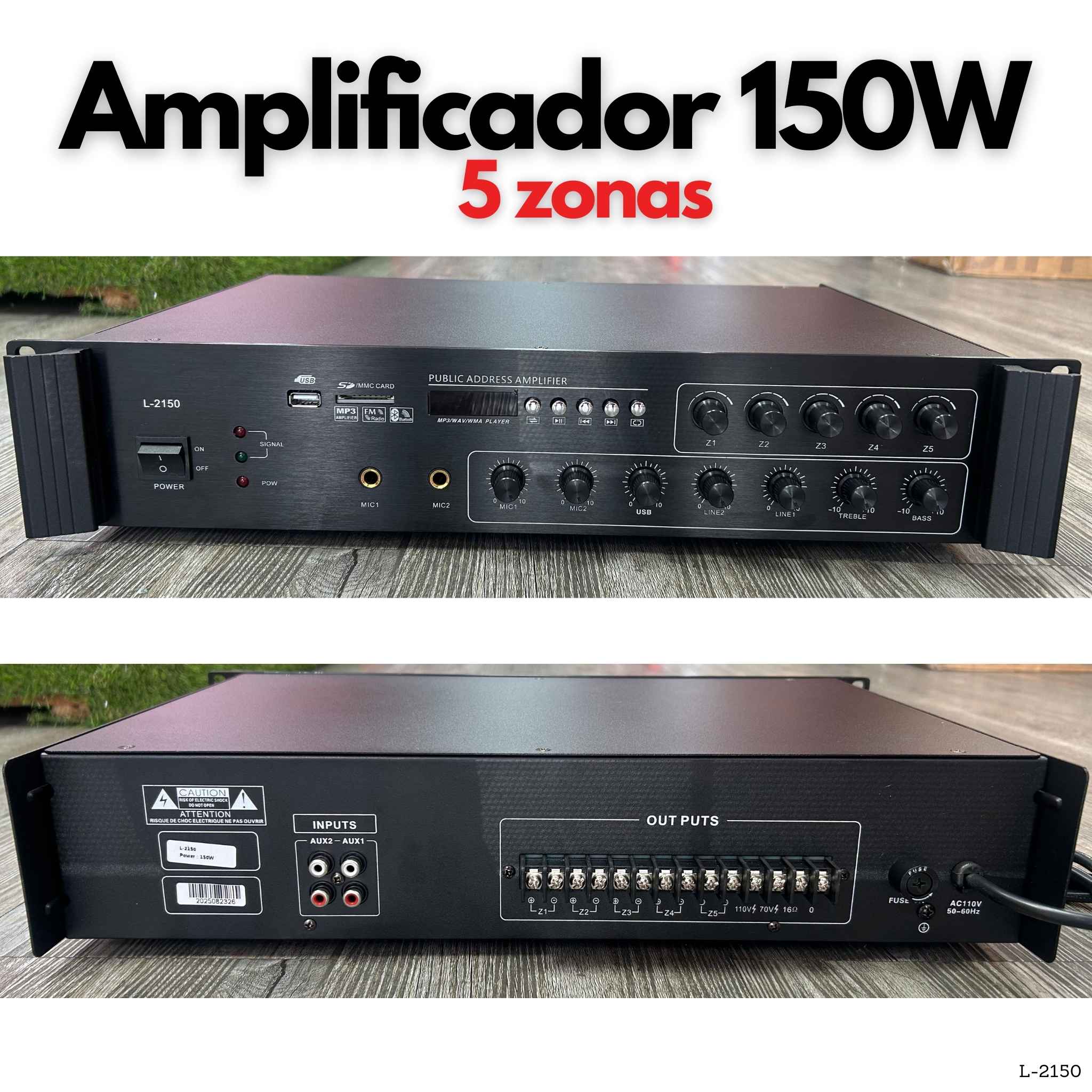 Amplificador PA 150W de 5 zonas con Bluetooth USB SD FM y salida 70V 100V para música de fondo y voceo en Panamá