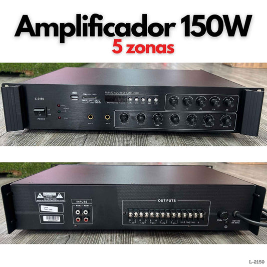 Amplificador PA 150W de 5 zonas con Bluetooth USB SD FM y salida 70V 100V para música de fondo y voceo en Panamá