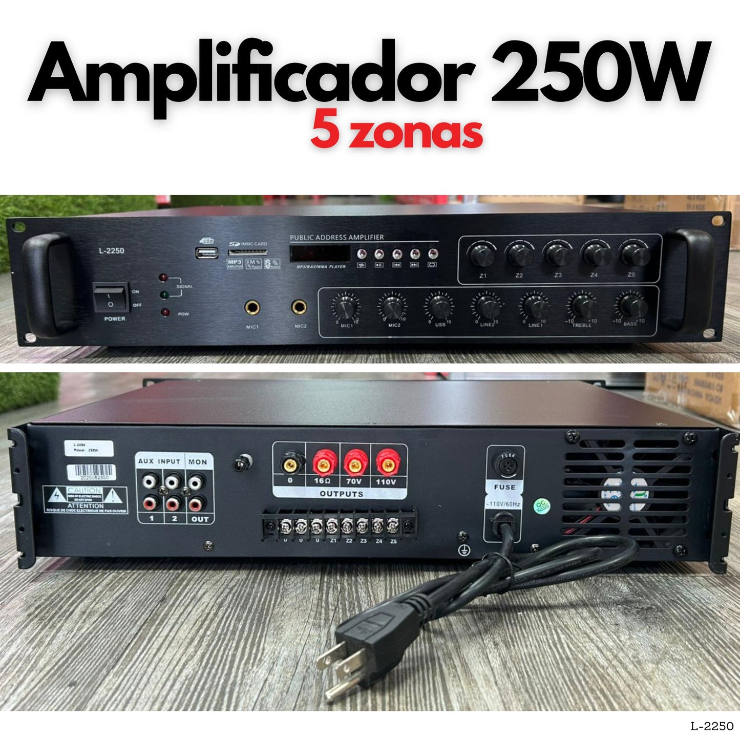Amplificador PA 250W de 5 zonas con Bluetooth USB SD FM y salida 70V 100V para música ambiental en Panamá