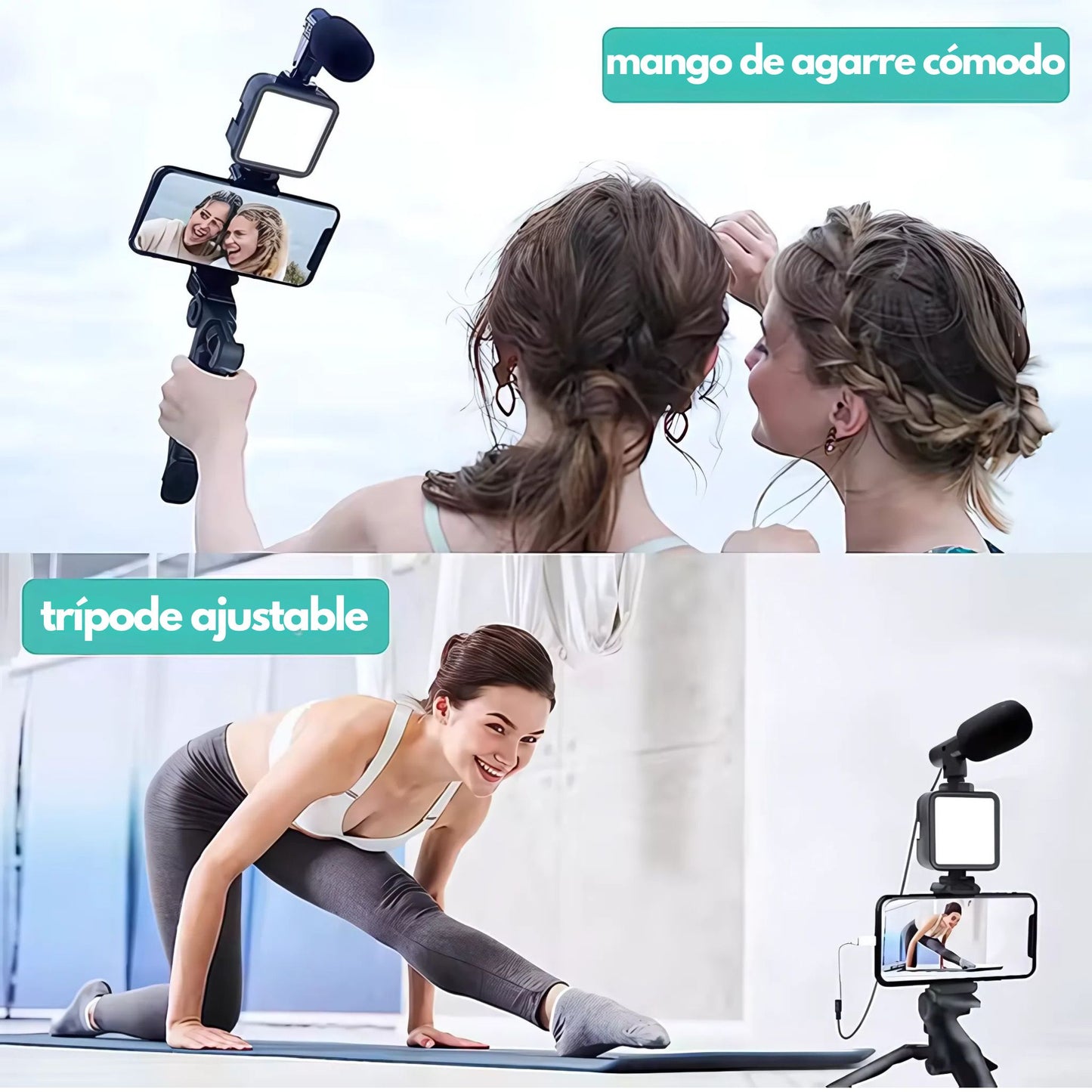 Kit de vlogging para creadores de contenido: Trípode, luz y micrófono incluidos
