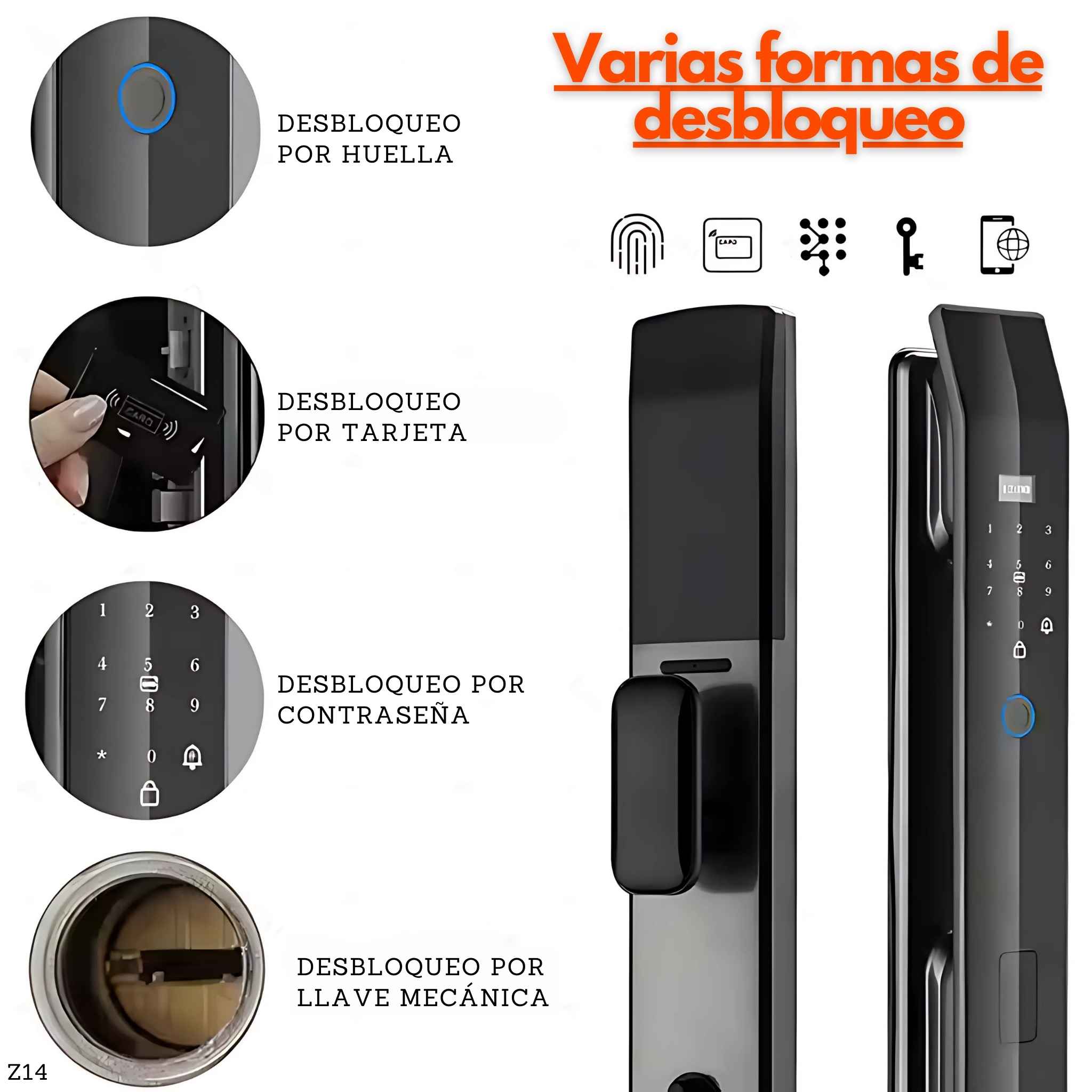 Cerradura inteligente biometrica Z14 desbloqueo por huella clave tarjeta y aplicacion Tuya