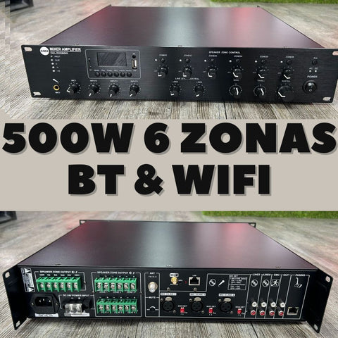 Amplificador PA de 500W DA-500MW de 6 zonas, WIFI/ USB/ SD/ FM/ BT