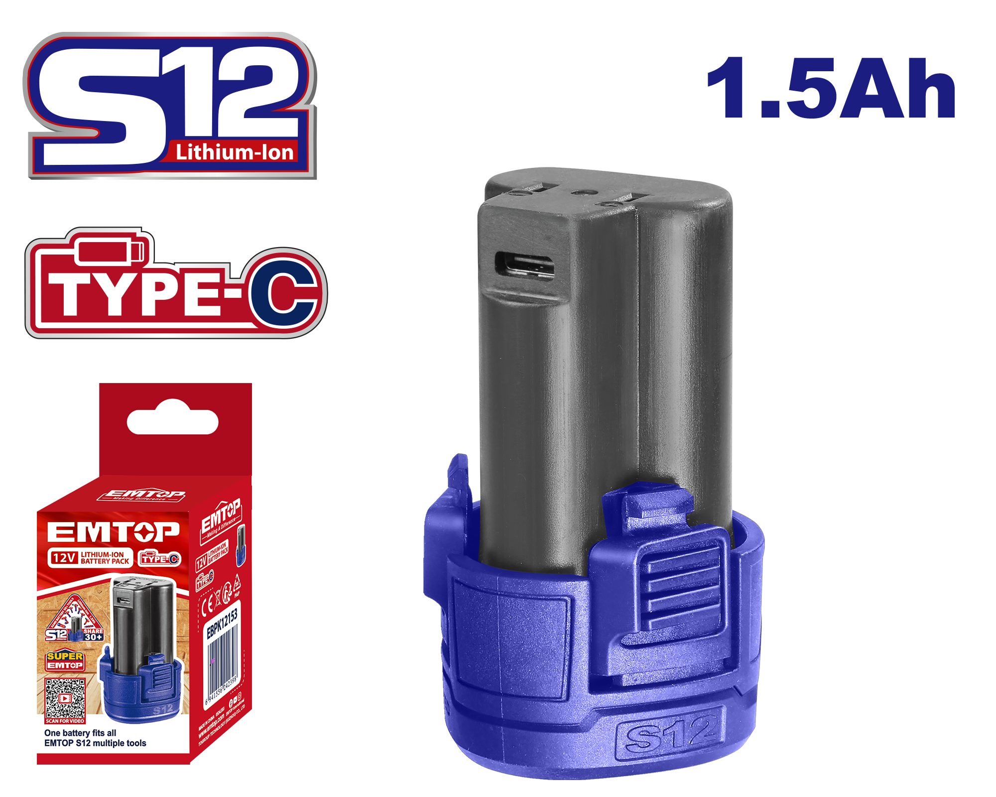 Batería 12V 1.5Ah carga USB-C EMTOP EBPK12153