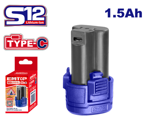 Batería 12V 1.5Ah carga USB-C EMTOP EBPK12153