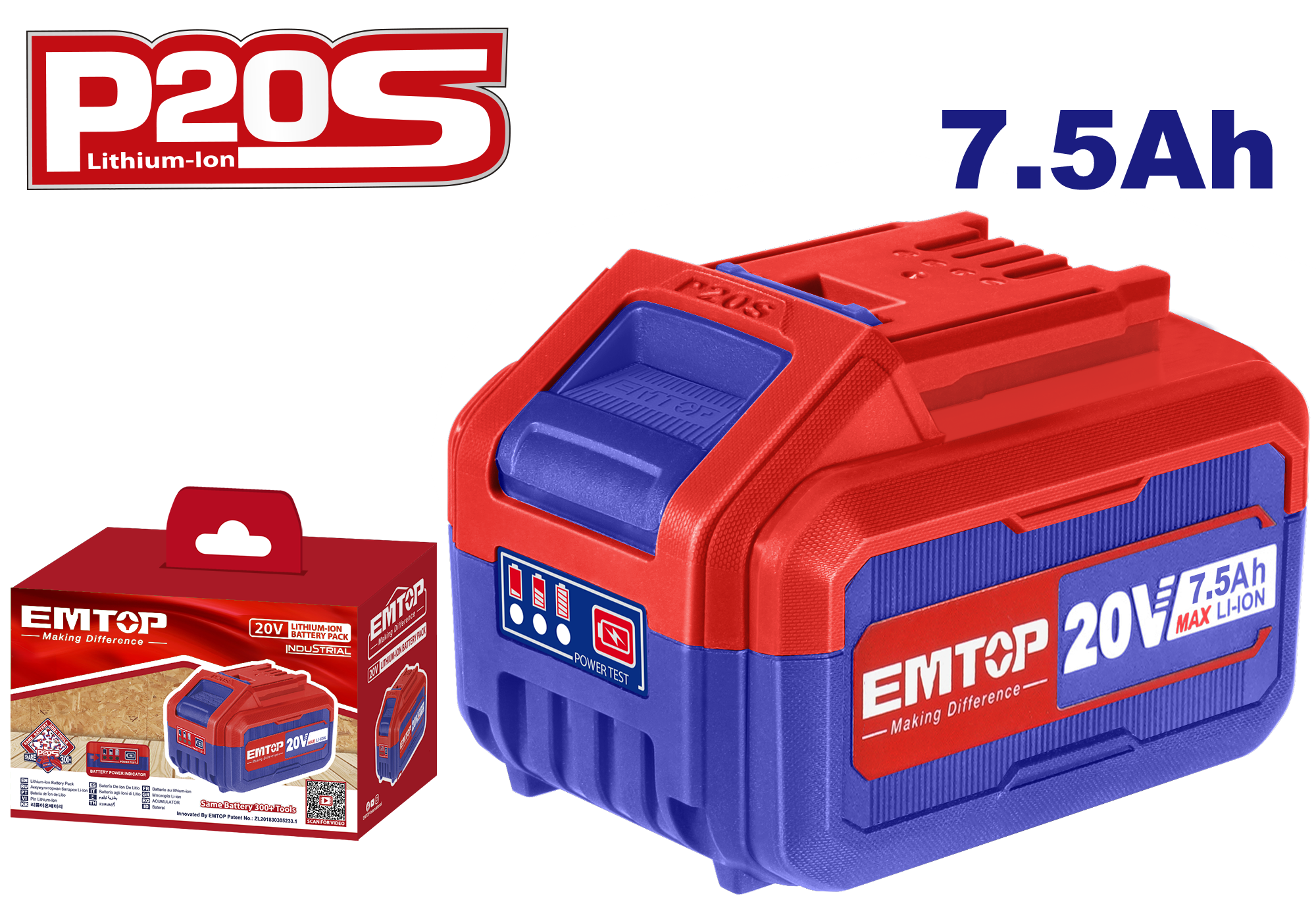 Batería de litio industrial recargable P20S de alta capacidad 20V 7.5Ah Emtop EBPK2075
