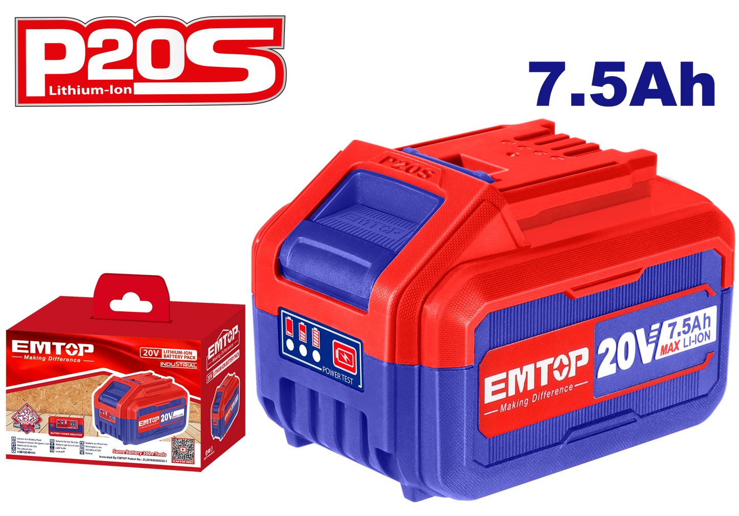 Batería de litio industrial recargable P20S de alta capacidad 20V 7.5Ah Emtop EBPK2075