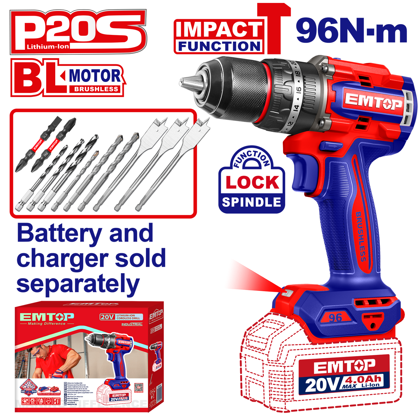 Taladro atornillador inalámbrico de impacto EMTOP ECIDL209681 de 96Nm motor sin escobillas