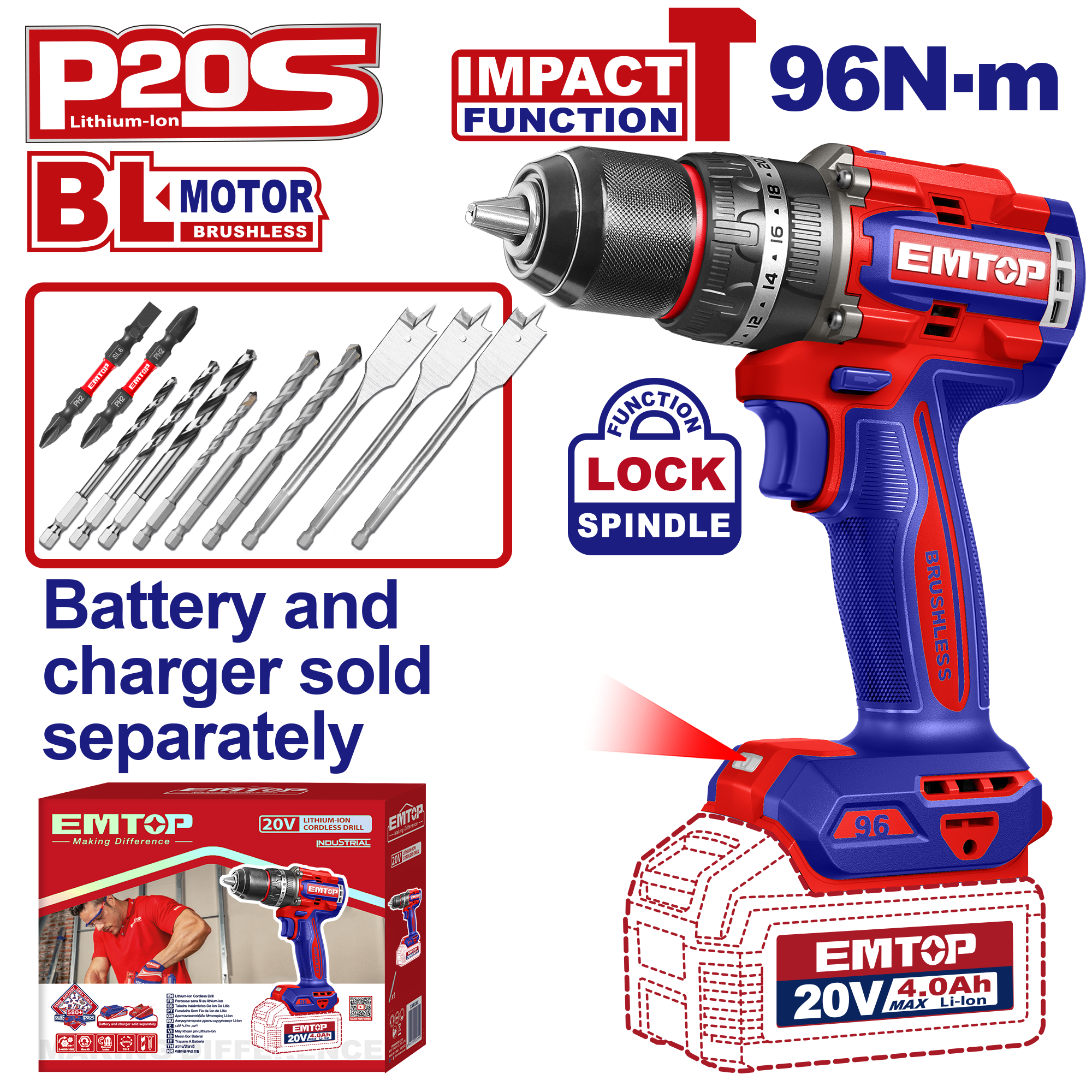 Taladro atornillador inalámbrico de impacto EMTOP ECIDL209681 de 96Nm motor sin escobillas