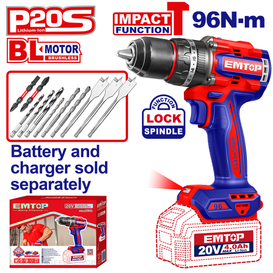 Taladro atornillador inalámbrico de impacto EMTOP ECIDL209681 de 96Nm motor sin escobillas
