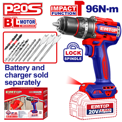 Taladro atornillador inalámbrico de impacto EMTOP ECIDL209681 de 96Nm motor sin escobillas
