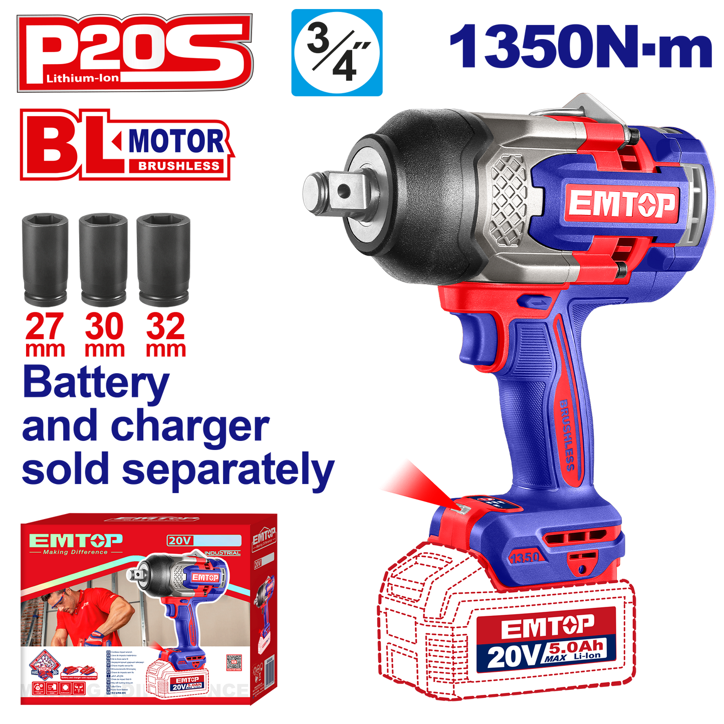 Atornillador de impacto inalámbrico EMTOP ECIWL201351 de potencia extrema 1350Nm