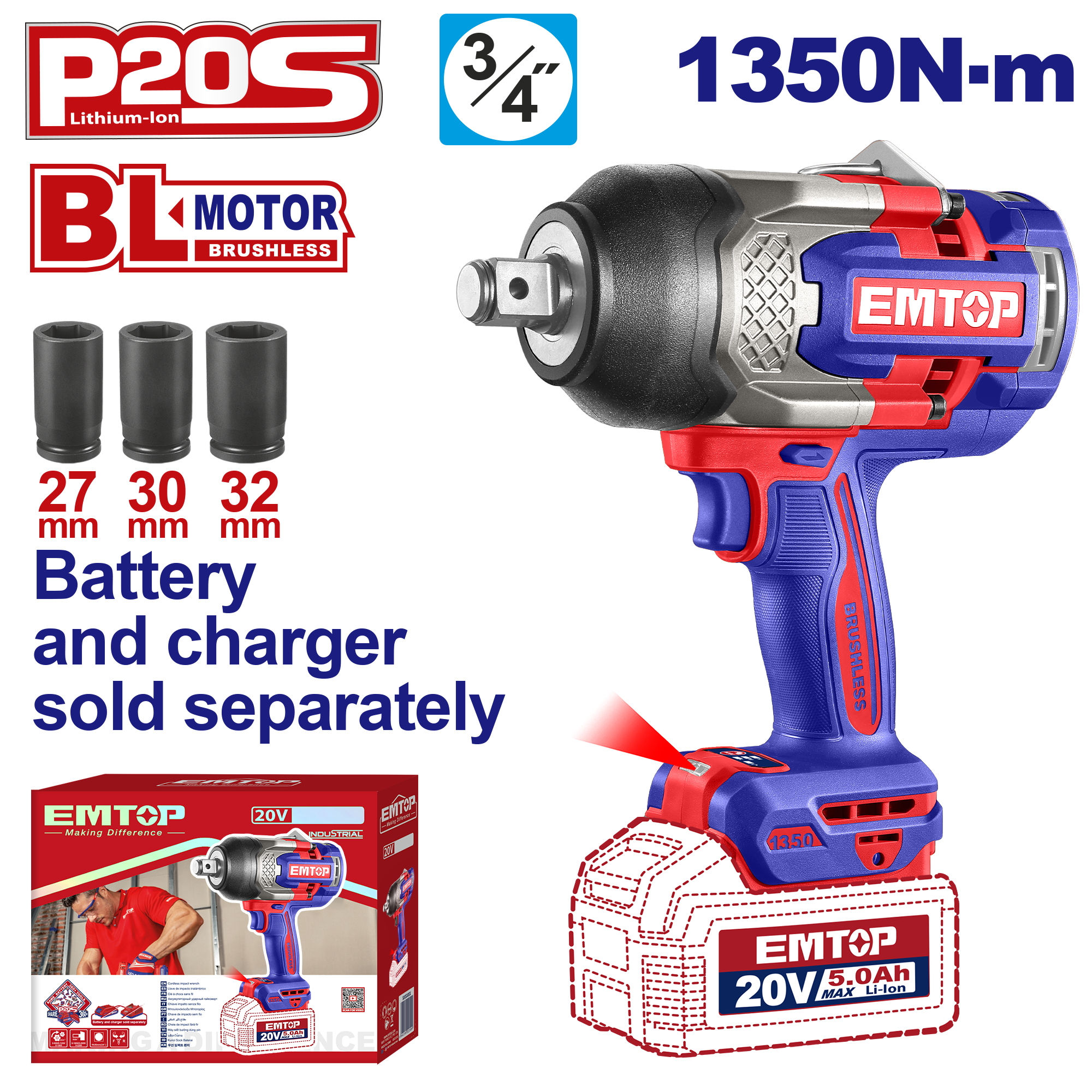 Atornillador de impacto inalámbrico EMTOP ECIWL201351 de potencia extrema 1350Nm