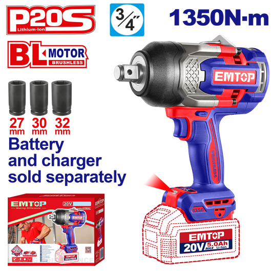 Atornillador de impacto inalámbrico EMTOP ECIWL201351 de potencia extrema 1350Nm
