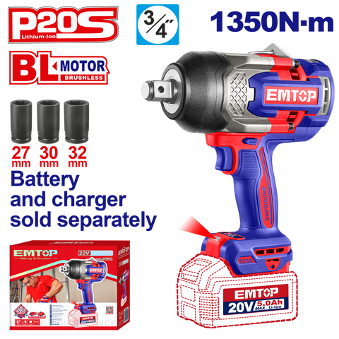 Atornillador de impacto inalámbrico EMTOP ECIWL201351 de potencia extrema 1350Nm