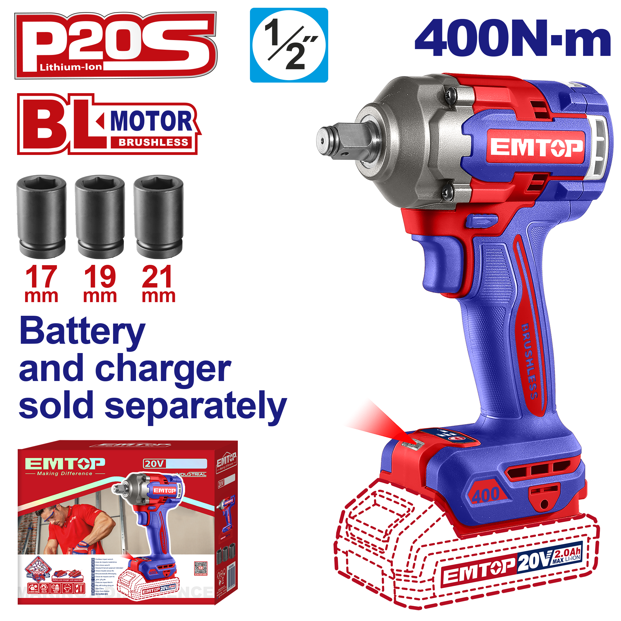 Llave de impacto inalámbrica de Emtop ECIWL20401 de motor sin brochas