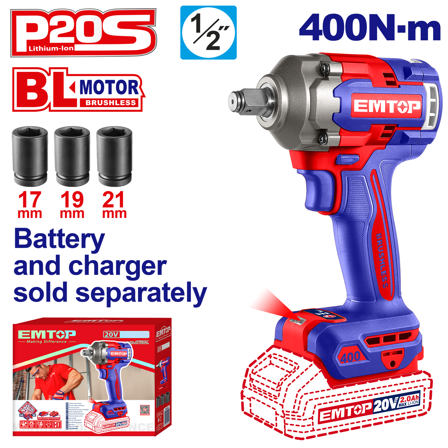 Llave de impacto inalámbrica de Emtop ECIWL20401 de motor sin brochas
