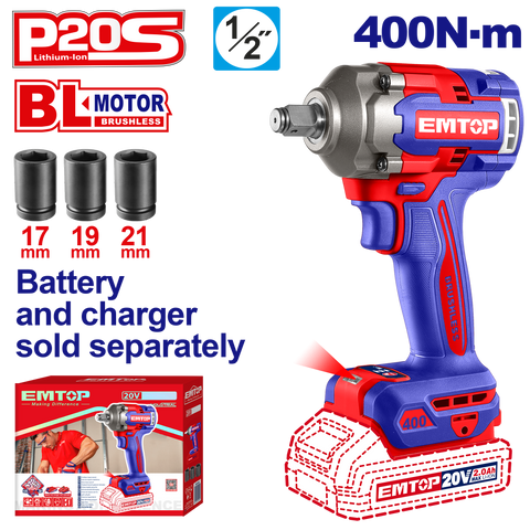 Llave de impacto inalámbrica de Emtop ECIWL20401 de motor sin brochas