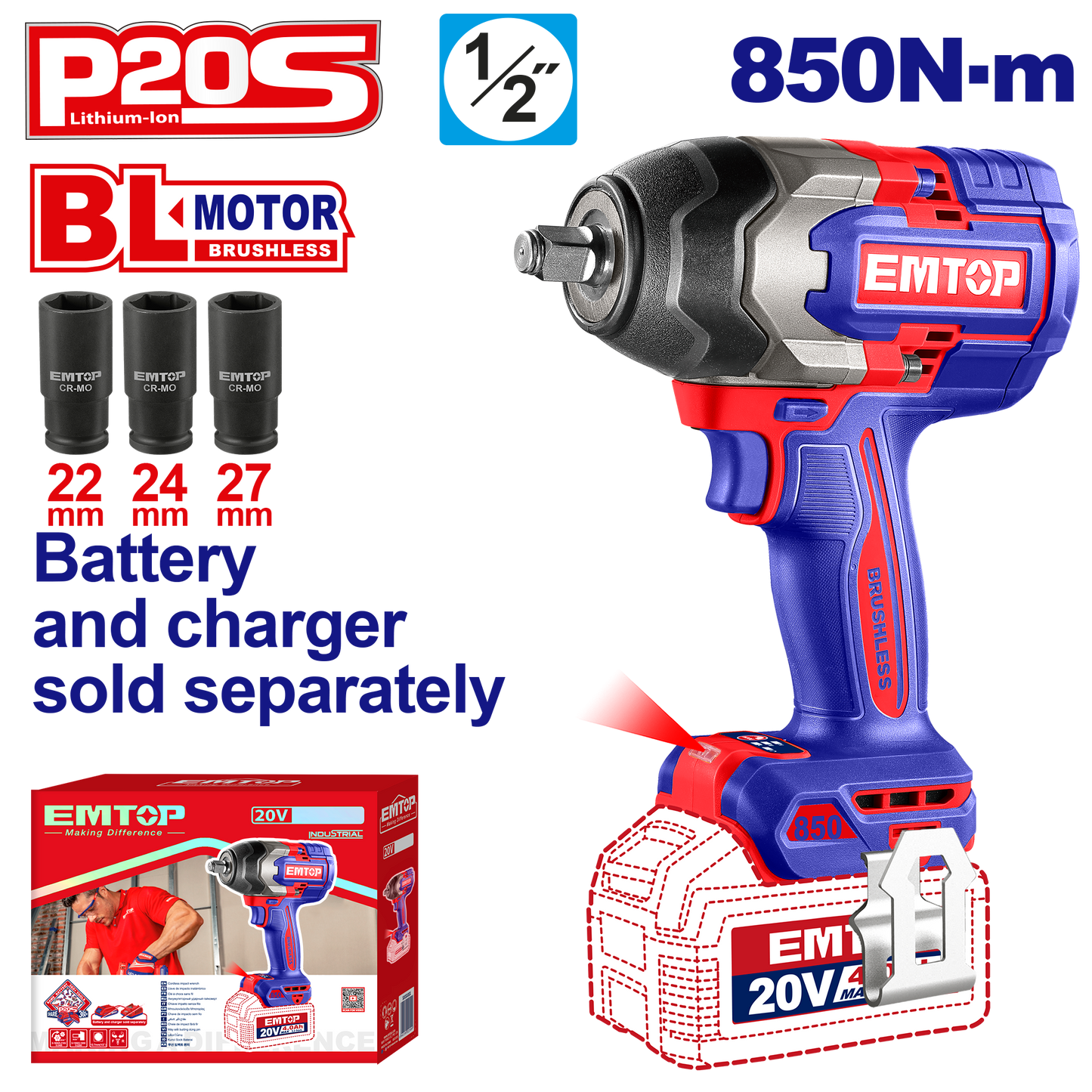 Atornillador de impacto inalámbrico EMTOP 20V ECIWL20851 de 850Nm