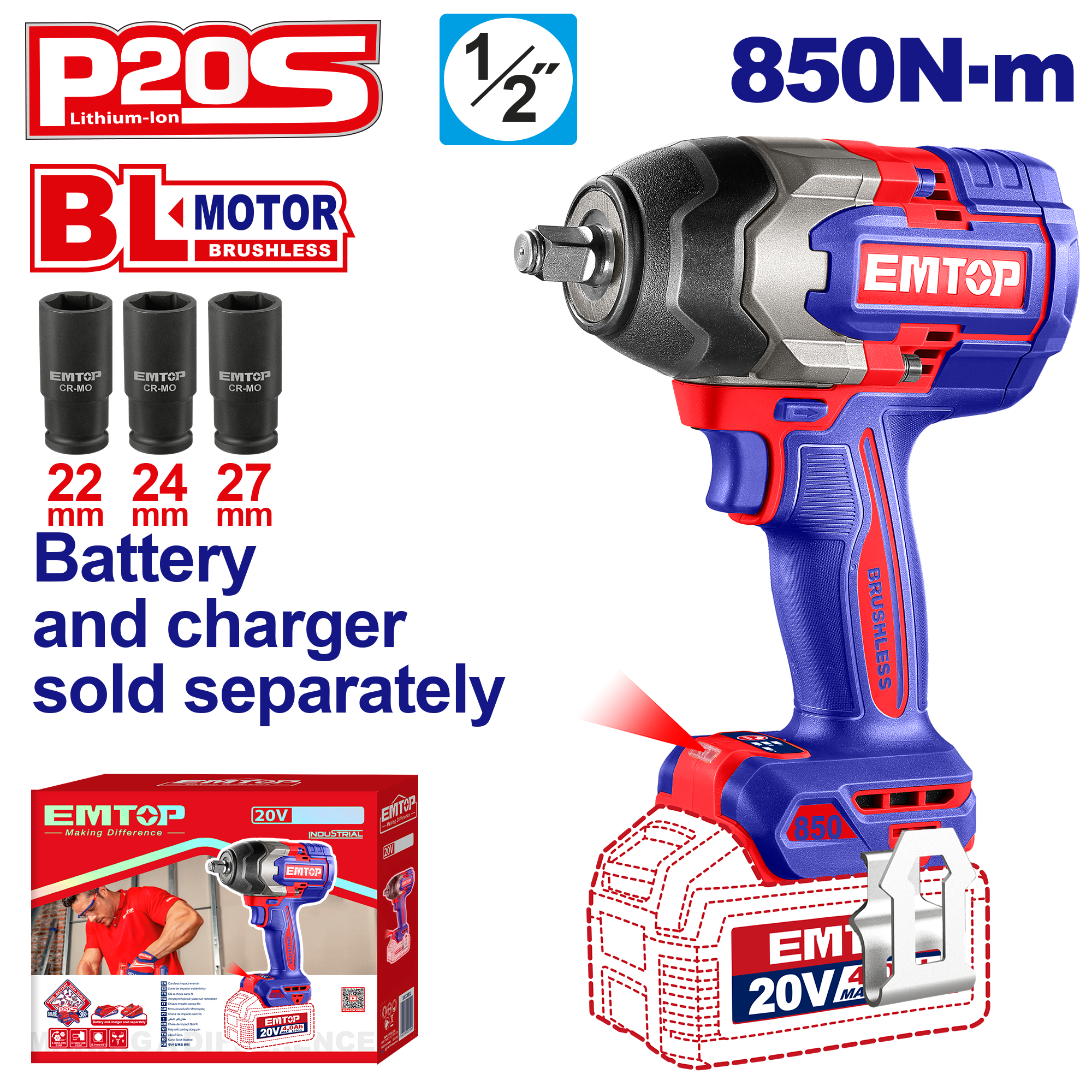 Atornillador de impacto inalámbrico EMTOP 20V ECIWL20851 de 850Nm