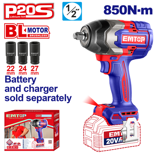 Atornillador de impacto inalámbrico EMTOP 20V ECIWL20851 de 850Nm