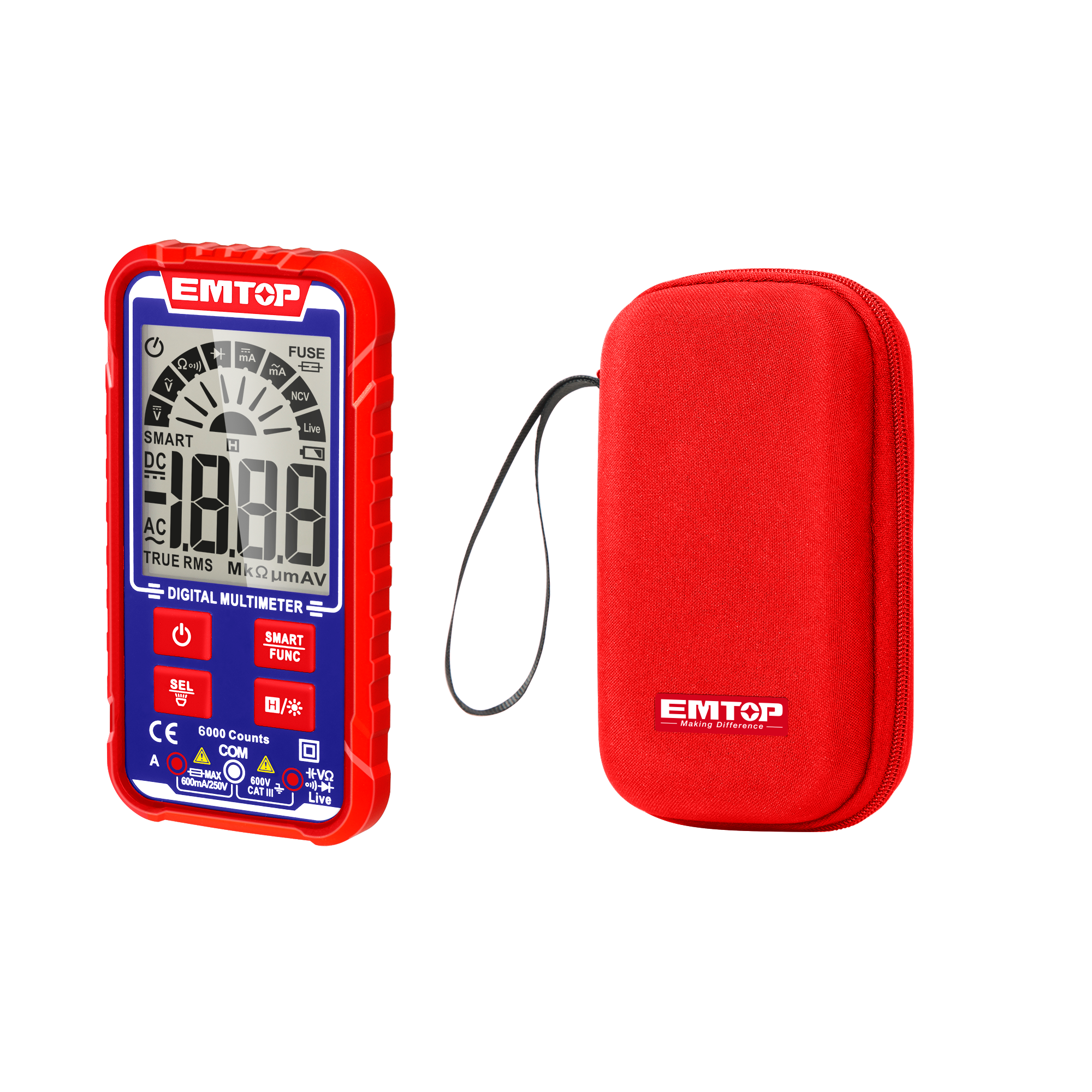 Multímetro digital SMART CAT.III 600V, TRUE RMS, compacto, pantalla LCD y estuche  – EMTOP EDMR160013
