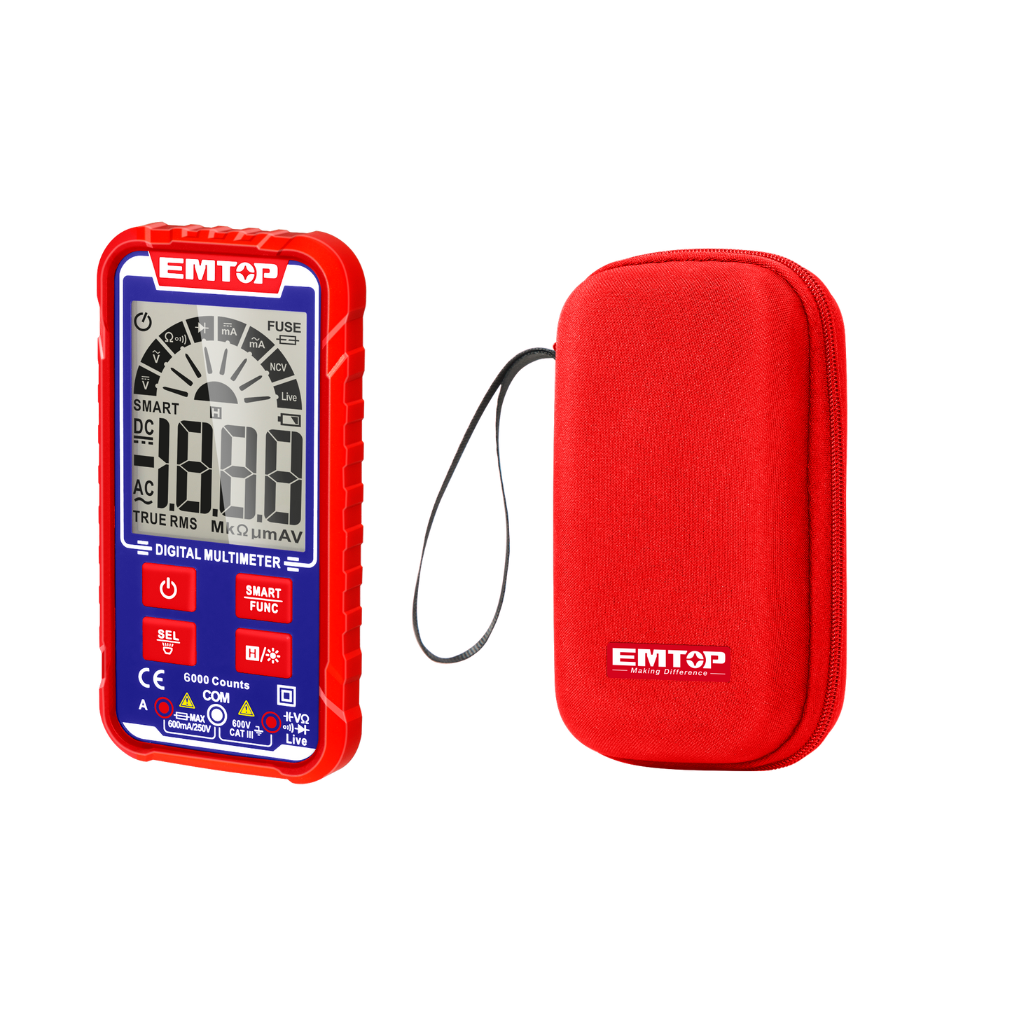 Multímetro digital SMART CAT.III 600V, TRUE RMS, compacto, pantalla LCD y estuche  – EMTOP EDMR160013