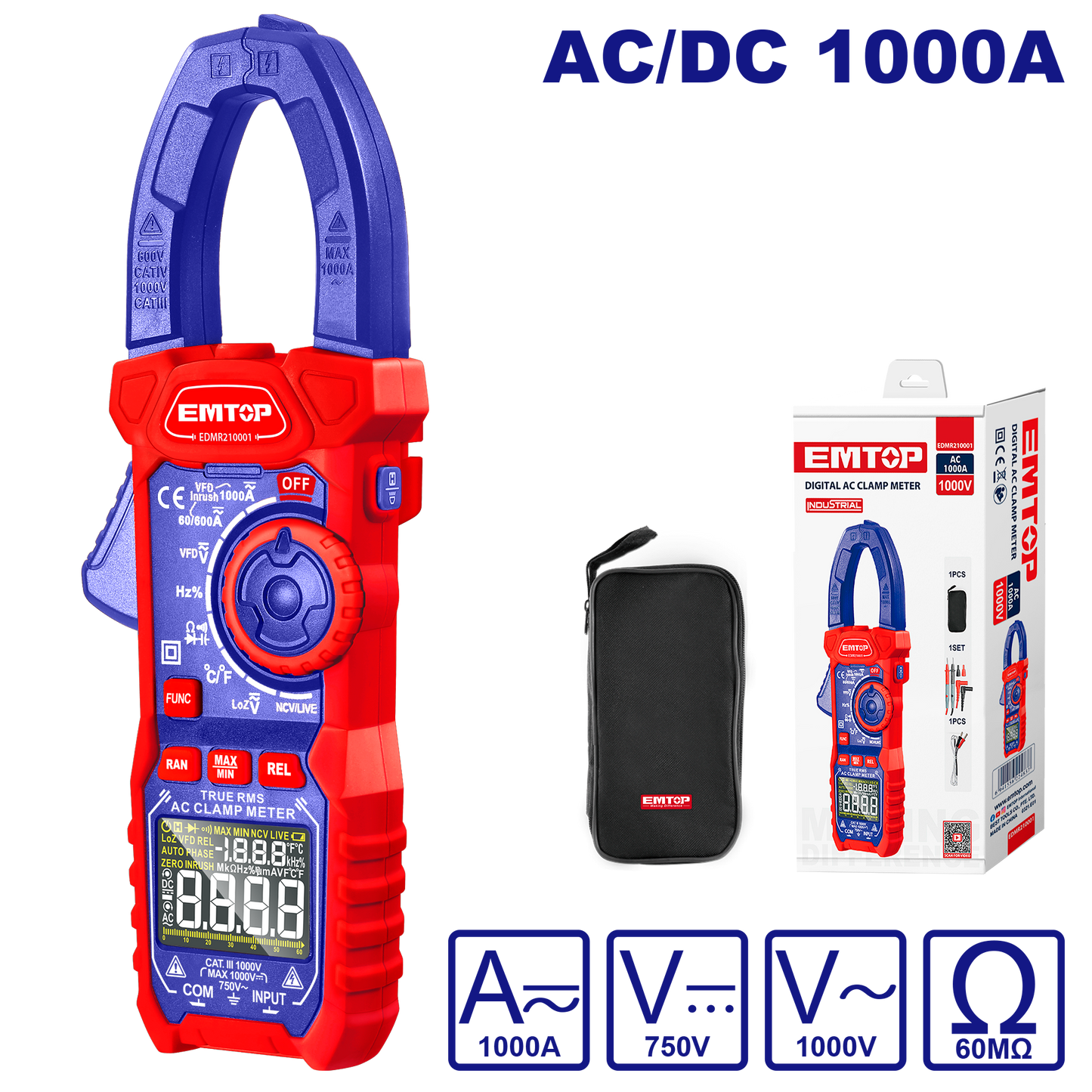 Pinza amperimétrica digital AC/DC 1000A de doble impedancia