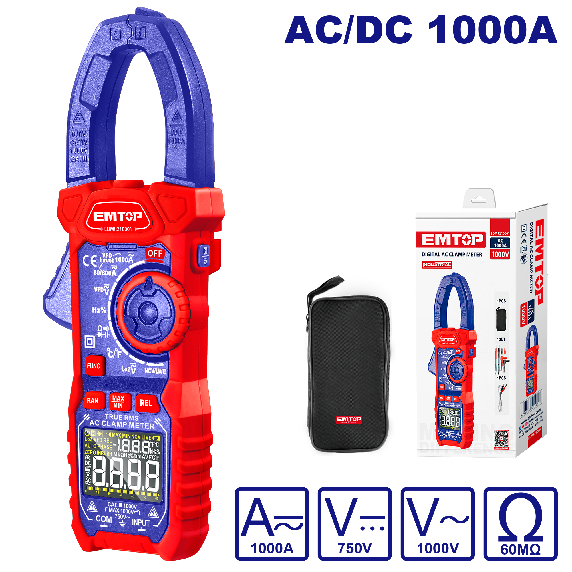 Pinza amperimétrica digital AC/DC 1000A de doble impedancia