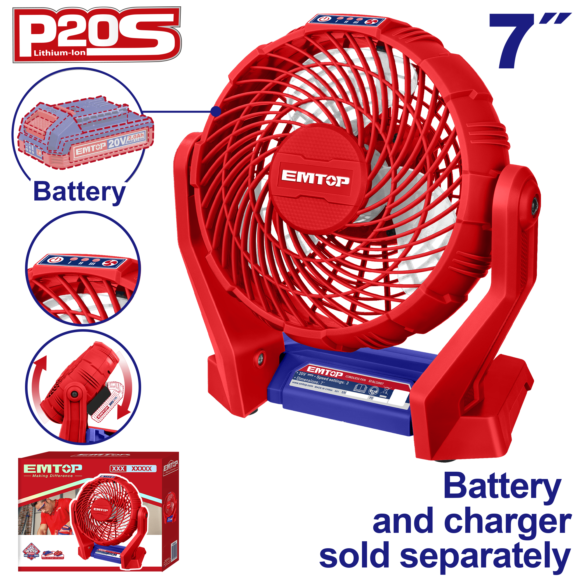 Abanico a baterías de 7 pulgadas 20V Emtop EFALI2007