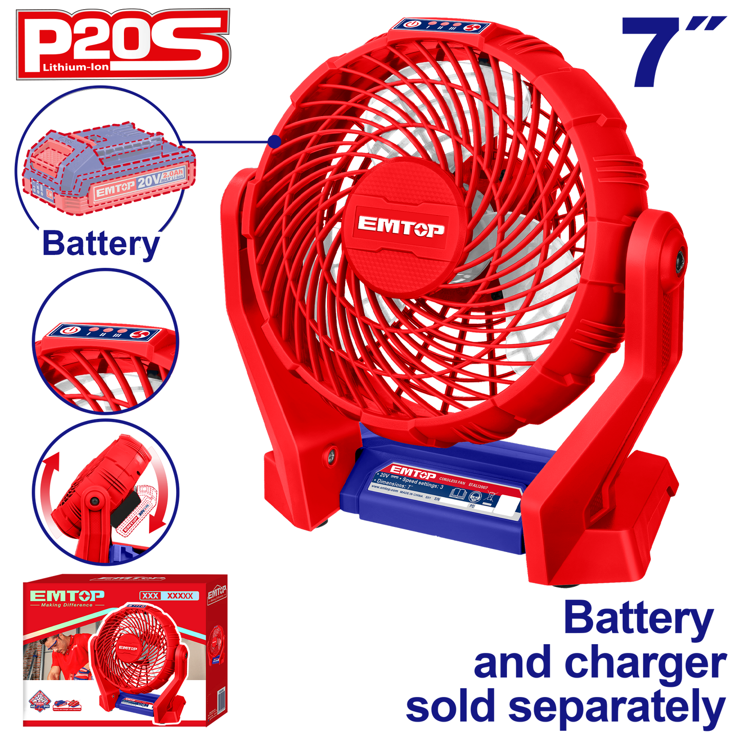 Abanico a baterías de 7 pulgadas 20V Emtop EFALI2007
