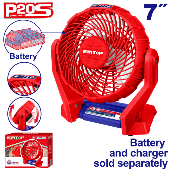 Abanico a baterías de 7 pulgadas 20V Emtop EFALI2007