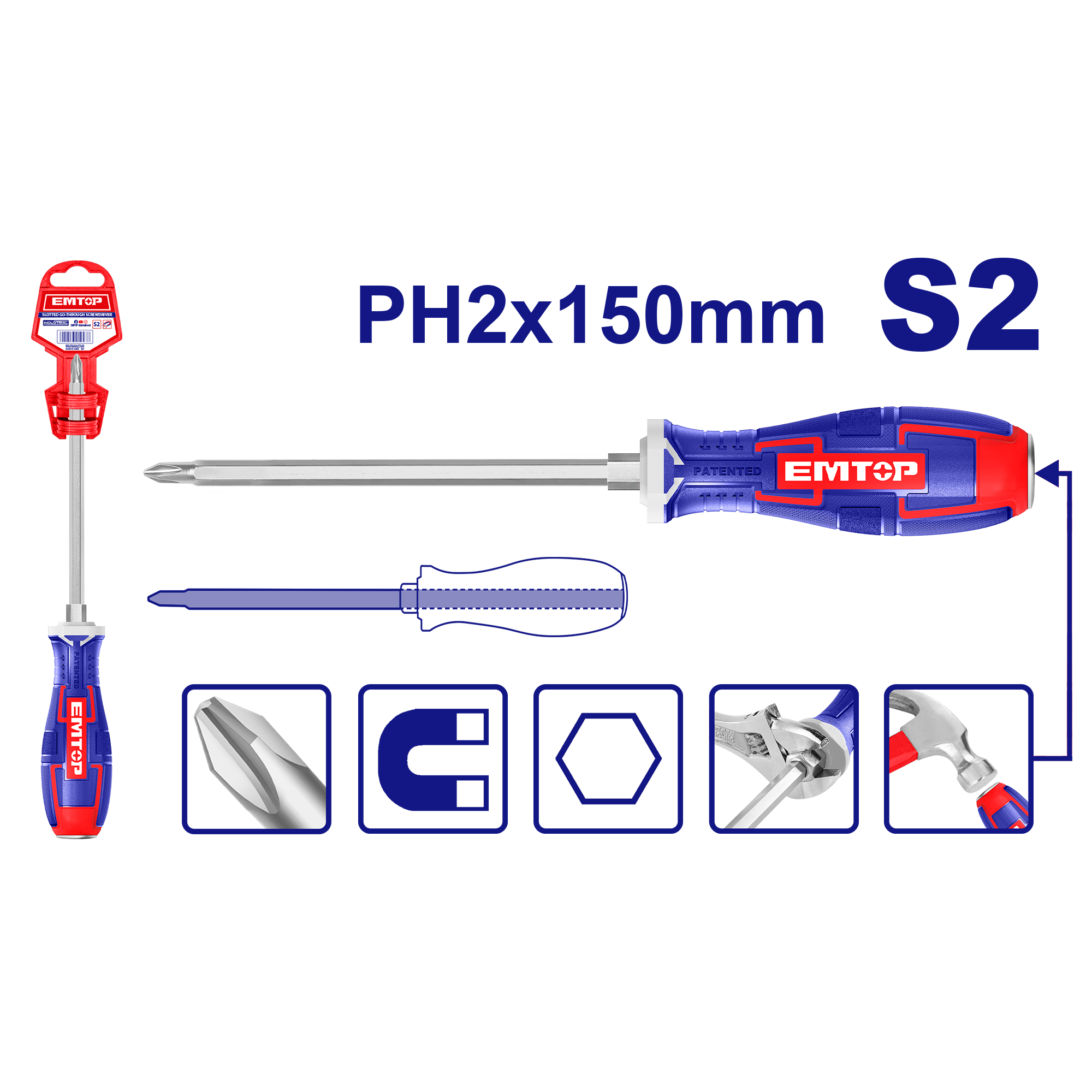 Destornillador de varilla pasante Phillips PH2x150mm