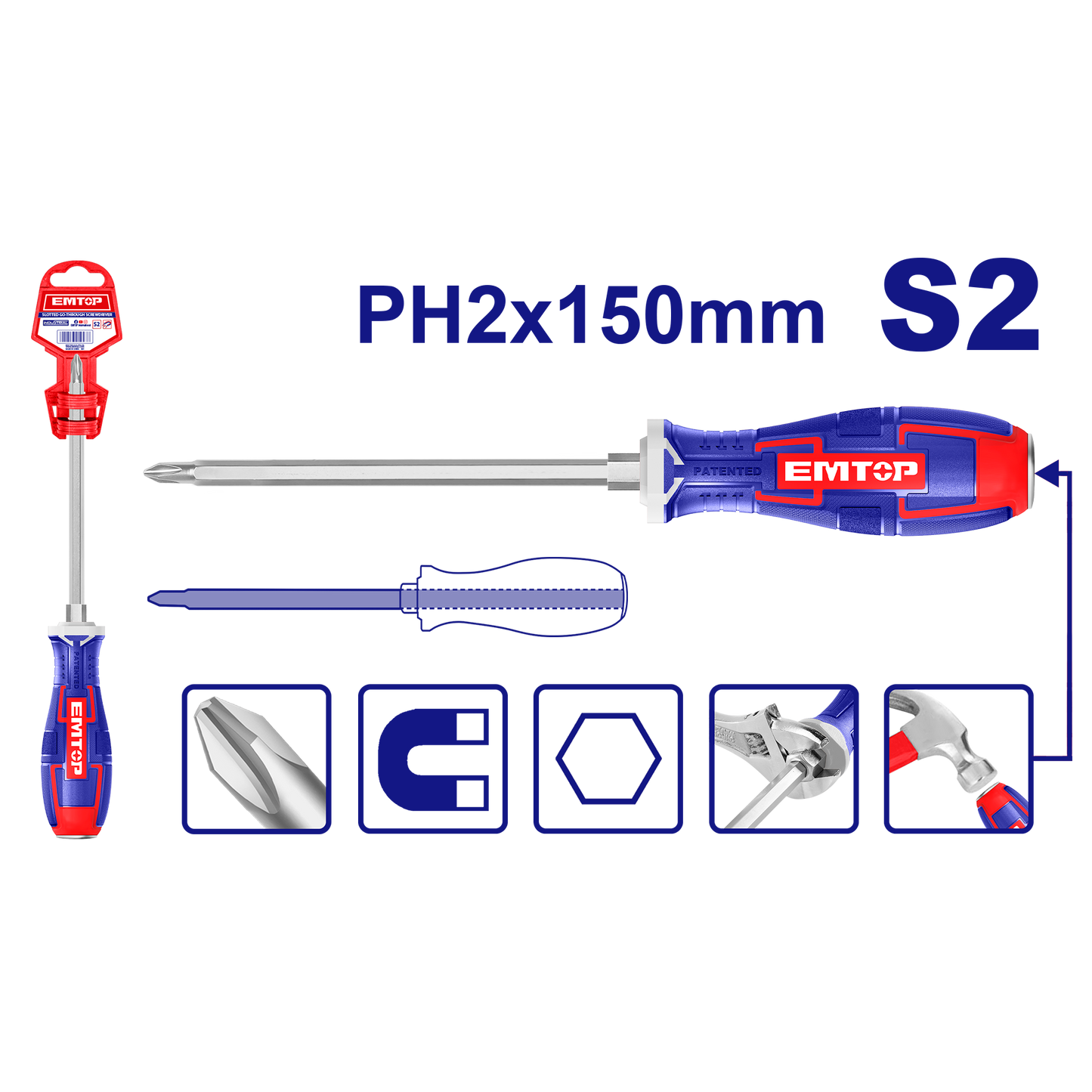 Destornillador de varilla pasante Phillips PH2x150mm