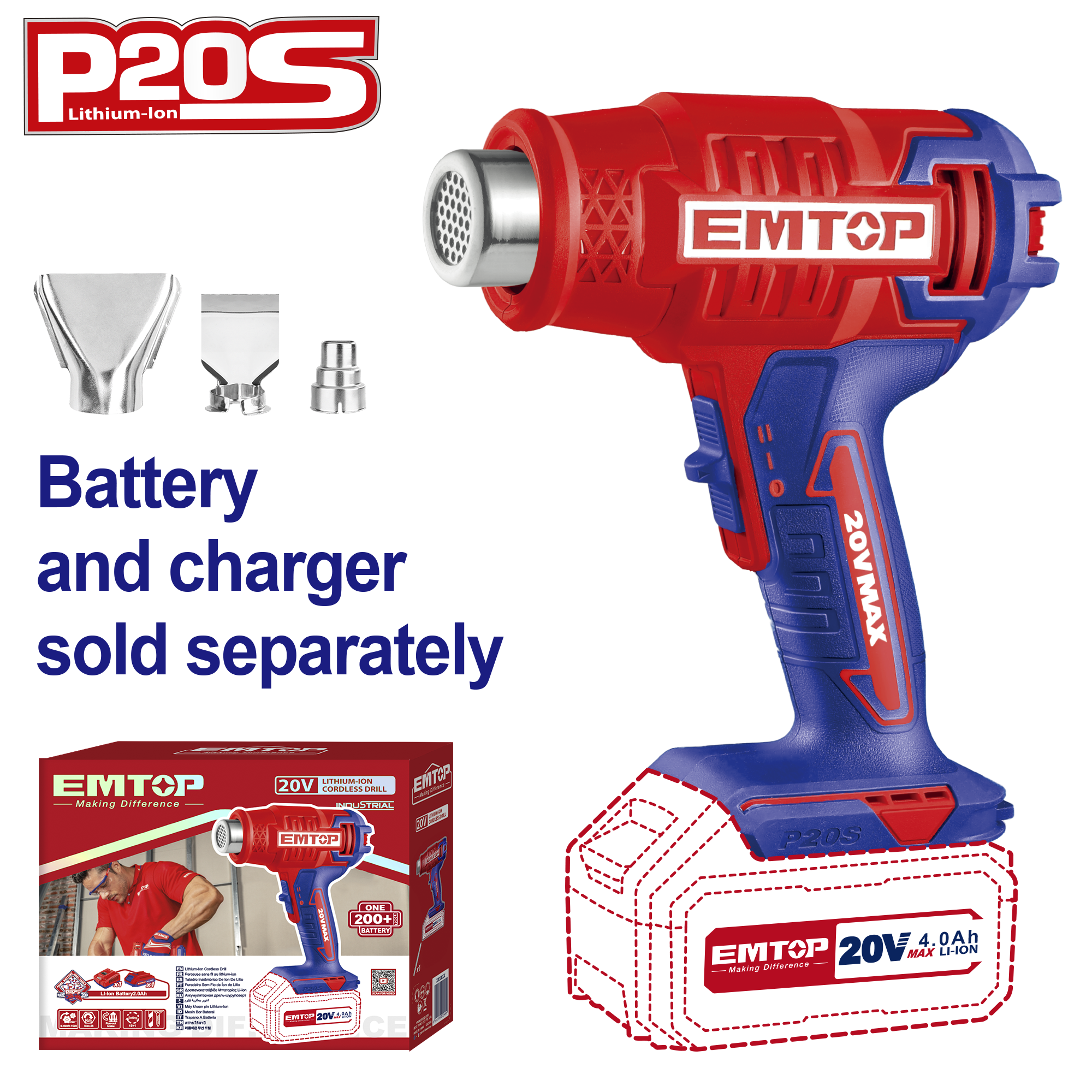 Pistola de calor inalámbrica INDUSTRIAL Emtop EHGN20021