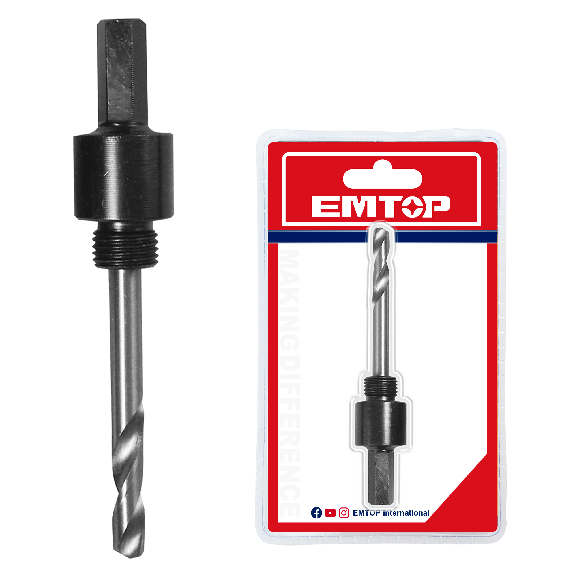 Eje para broca de corona con rosca de ½” y vástago ⅜” hex Emtop EHSA04